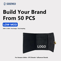 Dompet Lipat Tiga SHIMO Logo Kustom Kulit Hitam Tempat Kartu MOQ Rendah 50pcs Dompet Saku Minimalis Tipis untuk Pria Wanita