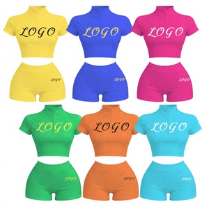 Conjunto Deportivo de 2 Piezas para Mujer, Top Corto y Pantalones Cortos con Cierre de Media Cremallera, Color Caramelo, con Logotipo Personalizado, Estilo Deportivo de Verano, Transpirable - Product Image 4
