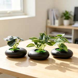 Plante verte artificielle Bonsaï miniature en pot avec pot pour décoration de table, 8 feuilles, matière en caoutchouc souple - Product Image 3