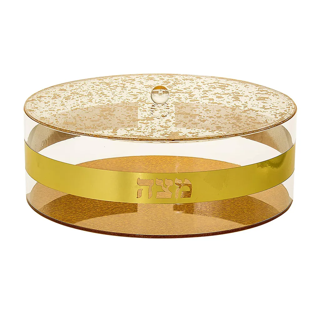 Judaica passover schmura matzah ที่ใส่อะคริลิคทรงกลมพร้อมตัวอักษรฮีบรูและการตัดแต่งสีทอง