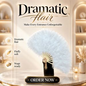 Éventail Pliant en Plumes d'Autruche Blanches de 33 cm, Style Art Populaire, en Bambou avec Décoration Florale, Idéal pour la Danse et les Mariages - Grande Vente - Product Image 4