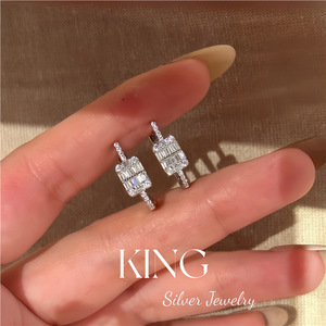 King <b>Silver</b> Jewelry Geometric <b>Stud</b> <b>Earrings</b> S925 Sterling <b>Silver</b> Diamond Inlay Everyday Wear - Product Image 1