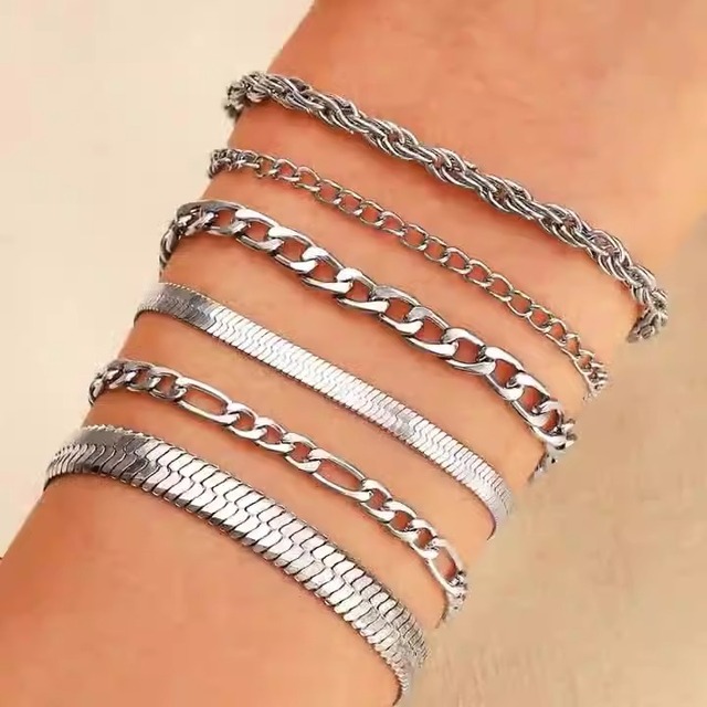 Set of 6 Punk Style Classic Minimalist Silver Metal Cuban Chain Link Bracelets Gold Plated Alloy for Women and Men