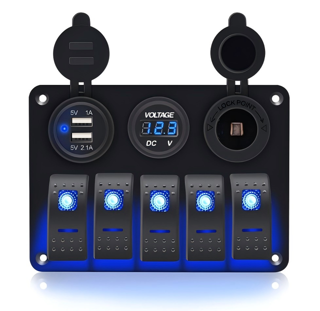 5 Gang Combination Dual USB Socket Waterproof 12/24V LED Rocker Switch Panel with Digital Voltage Display On-Off Includes Fuse
