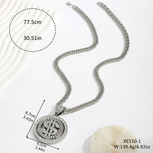 Collier pendentif rotatif en alliage de zinc, motif pièce de monnaie géométrique, avec micro-diamants, style urbain, couleur or et argent - Product Image 2