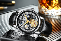 Montre mécanique automatique pour homme, acier inoxydable de haute qualité, style business tendance, bracelet en cuir, phase de lune, étanche