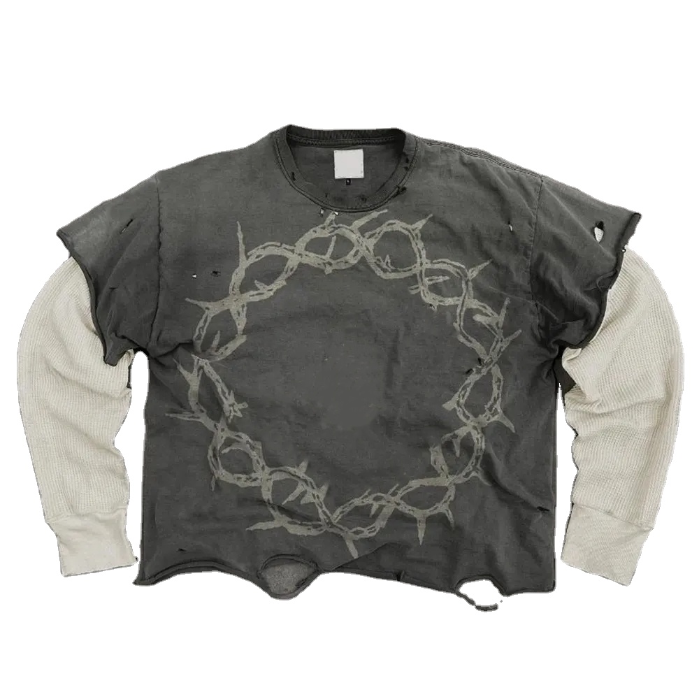 Double Layer Long Sleeve T-Shirt - Vintage Washed & Customizable