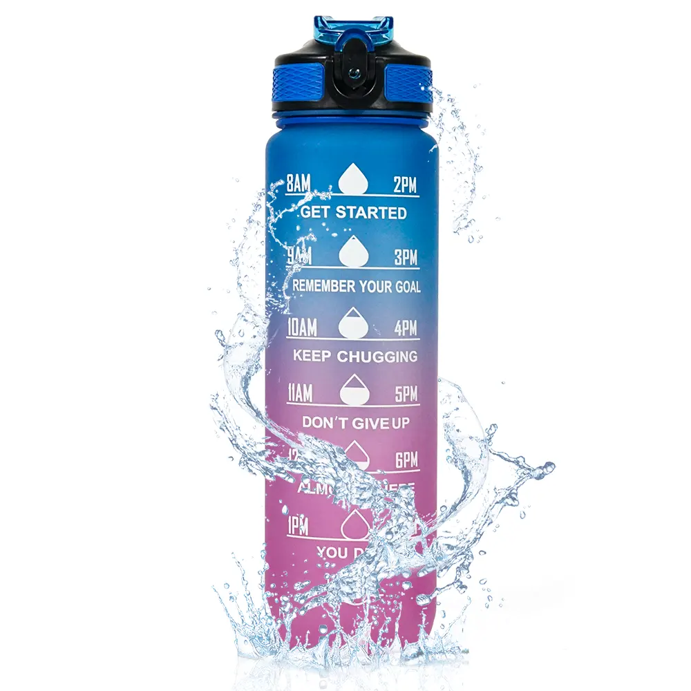 Garrafa de plástico reutilizável personalizada para academia e fitness esportiva, garrafa de plástico transparente para água esportiva de 16 onças com marcador de tempo