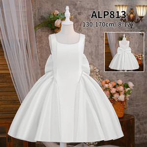 Robe de fête en satin blanc pour filles Meiqiai, 8-12 ans, col carré avec bordure en perles pour occasions spéciales - Product Image 6