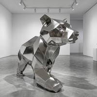 Sculpture d'ours en acier inoxydable miroir, grande, géométrique, faible polyvalence, pour extérieur, parc, place, art moderne, décoration de jardin