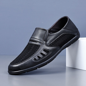 Mocassins en cuir véritable pour homme, à bout fermé, doublure en maille, semelle extérieure en caoutchouc, respirants, chaussures d'été à enfiler pour papa - Product Image 1