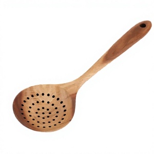 Ensemble d'ustensiles de cuisine en bois de teck naturel, spatule, cuillère, louche, écumoire antiadhésives avec support - Product Image 4