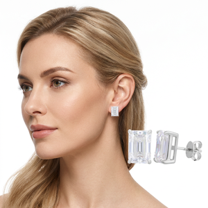 Boucles d'oreilles clous en argent sterling 925 avec moissanite taille émeraude 6,5 mm, couleur D, pureté VVS1, solitaires, testées par le fabricant, vente en gros - Product Image 2