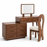 Coiffeuse en bois massif avec miroir LED rectangulaire rétractable, 8 tiroirs de rangement et chaise assortie