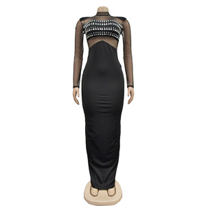 Nouveau design élégant maille <span class=keywords><strong>voir</strong></span> à travers diamant robe de soirée noir à manches longues fête formelle perlée cristal sirène robe de bal - Product Image 4