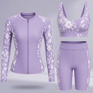 Ensemble de protection contre les éruptions cutanées à manches longues pour femmes, imprimé floral, Spandex, Polyester, séchage rapide, kit d'entraînement à compression, violet - Product Image 3