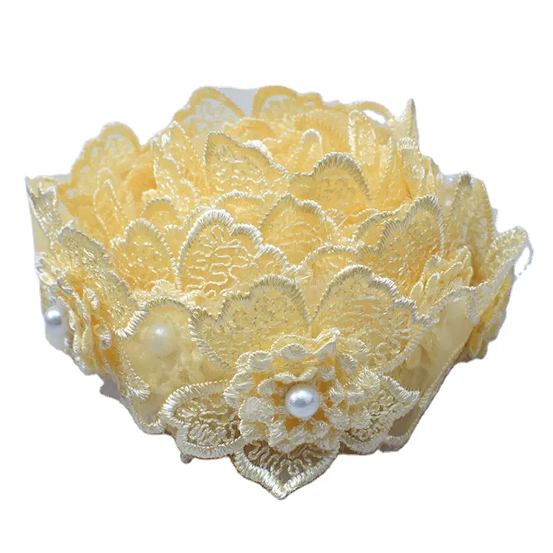 clothing accessories DIY 5cm wide Milk silk mesh lace embroidery pearls 3D lace flower motif embroidered pearl lace trims