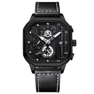 Montre à quartz pour homme de haute qualité, multifonctionnelle, avec calendrier, mouvement à quartz en cuir, cadran carré, luminescent - Product Image 2
