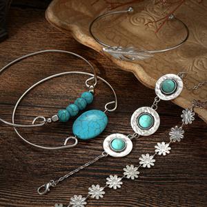 European and American New Combination <b>Bracelet</b> Vintage Ethnic Turquoise Feather <b>Flower</b> 5-Piece Set <b>Bracelet</b> <b>Bracelet</b> Wholesale - Product Image 4