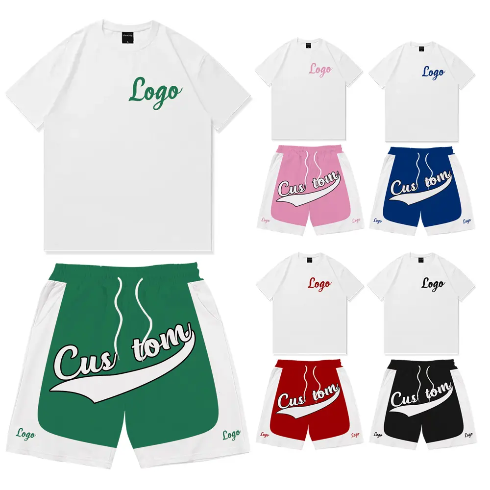 Summer Casual Men Shorts Set 100% Cotton T-shirts & Print Mesh Shorts Fashion Two Piece Shorts Set For Men