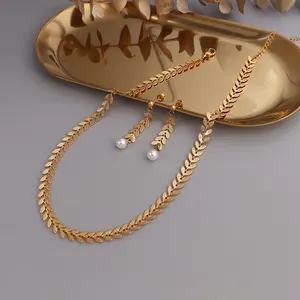Fashion Jewelry Set 18K Gold Stainless Steel Wheat Leaf Clavicle Chain Necklace Leaf Pearl Drop Earring YF2448