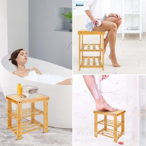 Tabouret de douche en bois Yiru 40x28x45cm, chaise de salle de bain à trois niveaux avec rangement, couleur bois naturel - Product Image 4