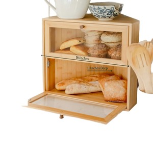 Boîte de rangement pour pain en bambou, double tiroir, conteneur alimentaire d'angle de cuisine, couleur bois naturel, bois massif - Product Image 3