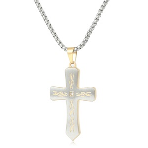 yunnique Stainless Steel <b>Cross</b> Pendant Necklace With Flame Design And Crystal Inlay For Men Hip Hop Style 60Cm <b>Chain</b> - Product Image 4