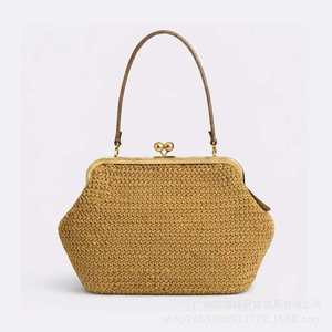 Bolso de mano a rayas de paja para mujer, con forma de marco, correa única, estilo bohemio, cierre de broche, para uso diario - Product Image 3