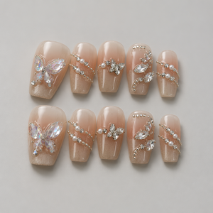 Faux ongles à presser papillon rose avec strass, couverture complète, style français, réutilisables, en acrylique, pour manucure des doigts - Product Image 6