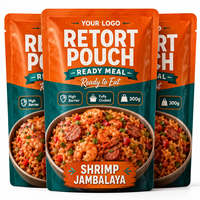 Sachet rétractable imprimé sur mesure à trois soudures, haute barrière, en feuille d'aluminium, pour emballage à 121 degrés de plats préparés Jambalaya aux crevettes