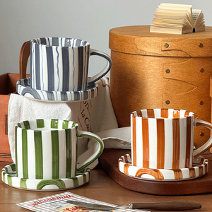 Vintage Ceramic Afternoon Tea Cup and Saucer Striped Coffee Mug <b>Set</b> <b>Microwave</b> Safe Latte Cup - Product Image 4