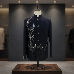 Black Bird and Butterfly Embroidered Sherwani Jacket for Men Traditional Wedding Bandhgala Formal Eveningwear - Product Image 2