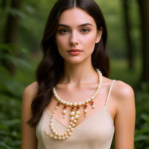 Pearl <b>Necklace</b> With Red Gem Drops Gold Plated Stainless Steel Elegant <b>Statement</b> Jewelry For Women - Product Image 3