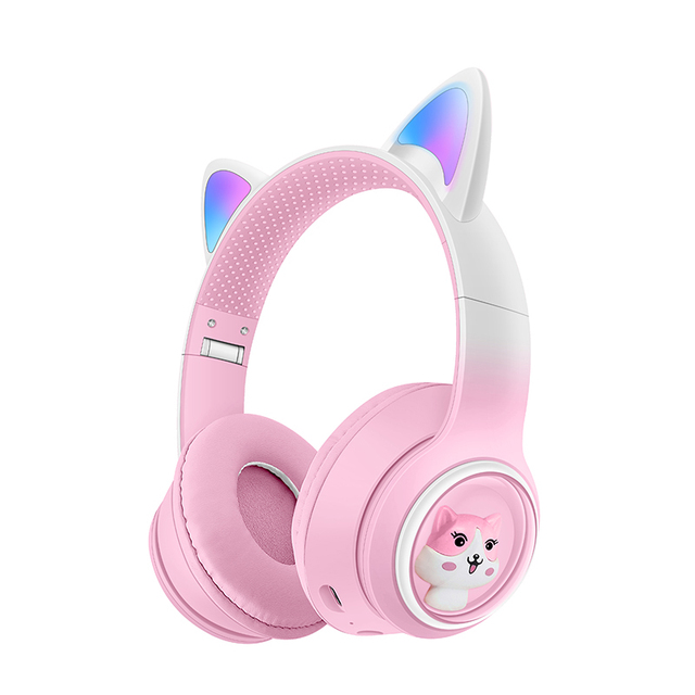 Stereo Bass Wireless Blue-tooth Headset Support TF Card BT On-ear & Over -ear Creative Cat Ear Design RGB Light TWS Headphones