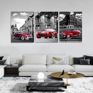 Affiches de décoration intérieure en 3 parties, paysage en noir et blanc de rue de ville nostalgique, peinture murale de voiture rouge, impressions sur toile tendue - Product Image 4