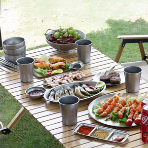 Reutilizável <span class=keywords><strong>Camping</strong></span> Aço Inoxidável Dinnerware <span class=keywords><strong>Set</strong></span> Placa De Comida E Tigela De Alimentação Servindo Jantar Pratos Copos De Metal - Product Image 2
