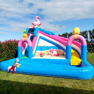 Toboggan gonflable pour enfants, combo château gonflable et piscine, avec toboggan aquatique flamant rose. - Product Image 1