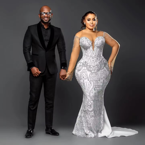 Árabe Aso Ebi Plus Size Urious White Mermaid <span class=keywords><strong>Vestidos</strong></span> <span class=keywords><strong>de</strong></span> novia Cristales con cuentas Cuello transparente <span class=keywords><strong>Vestidos</strong></span> <span class=keywords><strong>de</strong></span> novia Vestido - Product Image 4