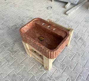 Lavabo Integrado de Mármol Rojo Acanalado |   Lavabo Monolítico, Duradero y Ecológico para Baño |   Lavabo Escultural de Lujo - Product Image 1