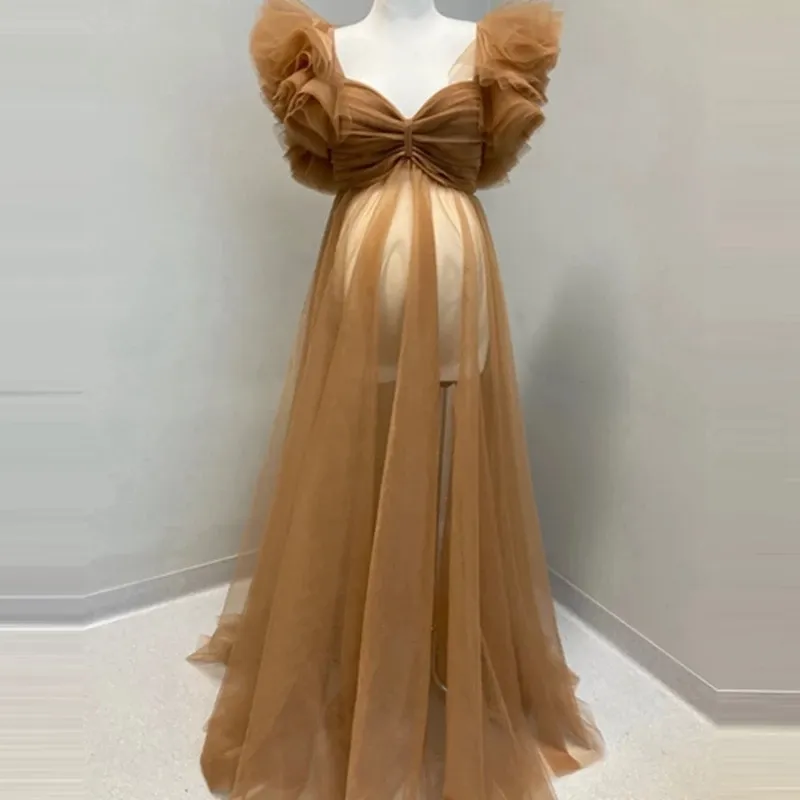 Real Image Champagne Ruffles Tulle Maternity Dress See Thru V Neck Short Sleeves Maternity Gowns Floor Length Plus Size