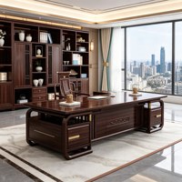 LBZ-322X Nouveau bureau de direction de style chinois en bois Wujin avec relief paysager et fonction table d'appoint/plateau à thé