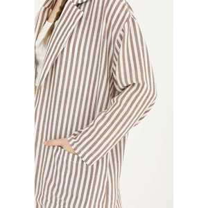 Blazer de Lino a Rayas para Mujer, Manga Larga, Transpirable, Tejido, Color Índigo - Product Image 1