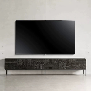 Meuble TV rétro armoire de rangement en bois massif lumière intégrée luxe haut de gamme petit appartement armoire latérale noire au sol - Product Image 4