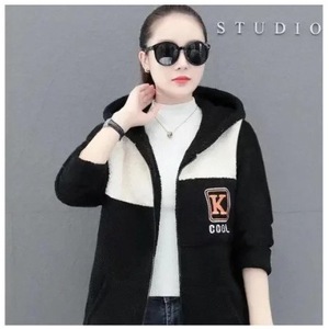 Color Blocked Mid Length Lamb Fleece Coat With Zipper Thick Lining Women Autumn Winter Korean Style Loose Fit Warm Outerwear - Product Image 3