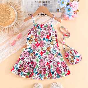 Ropa Infantil, Vestido de Tirantes con Flores para Niñas, Lindo Vestido Informal a la Moda con Cuello de Muñeca y Bolso, Vestido Diario para Niñas - Product Image 1
