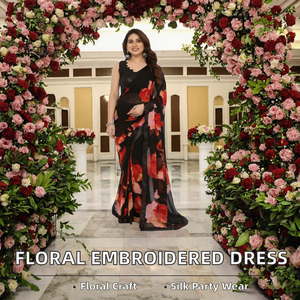 Sari indien pakistanais 2022 fait main en soie, imprimé floral lumineux/flocqué/pailleté, brodé, à manches bouffantes, col en V, de haute qualité - Product Image 2