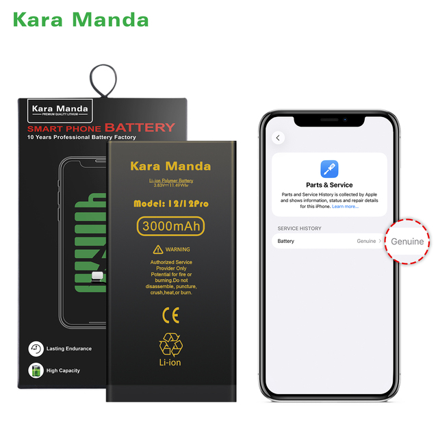 Kara Manda IOS26 Genuine Battery No Pop up Warning 100% Health Shows Genuine Replacement Phone Battery for iPhone 12 12 Pro