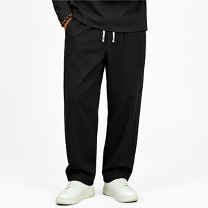 Men <b>Linen</b> Straight Leg Trousers <b>Drawstring</b> Elastic Waist Casual Solid Color <b>Pants</b> For Everyday Wear - Product Image 4