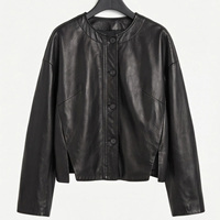 Veste Courte Décontractée en Cuir pour Femme, Nouvelle Collection, en Peau de Mouton, Style Chinois, Col Rond Ivoire, Garniture Jacquard Brocart, Boutons Pression Gaufrés